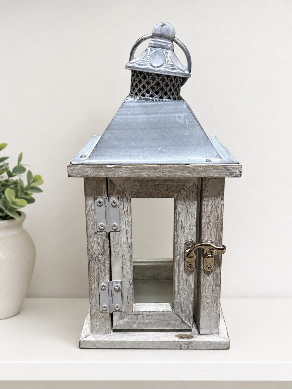 Rustic Whitewashed Wood & Metal Lantern Candle Holder or Photo Box